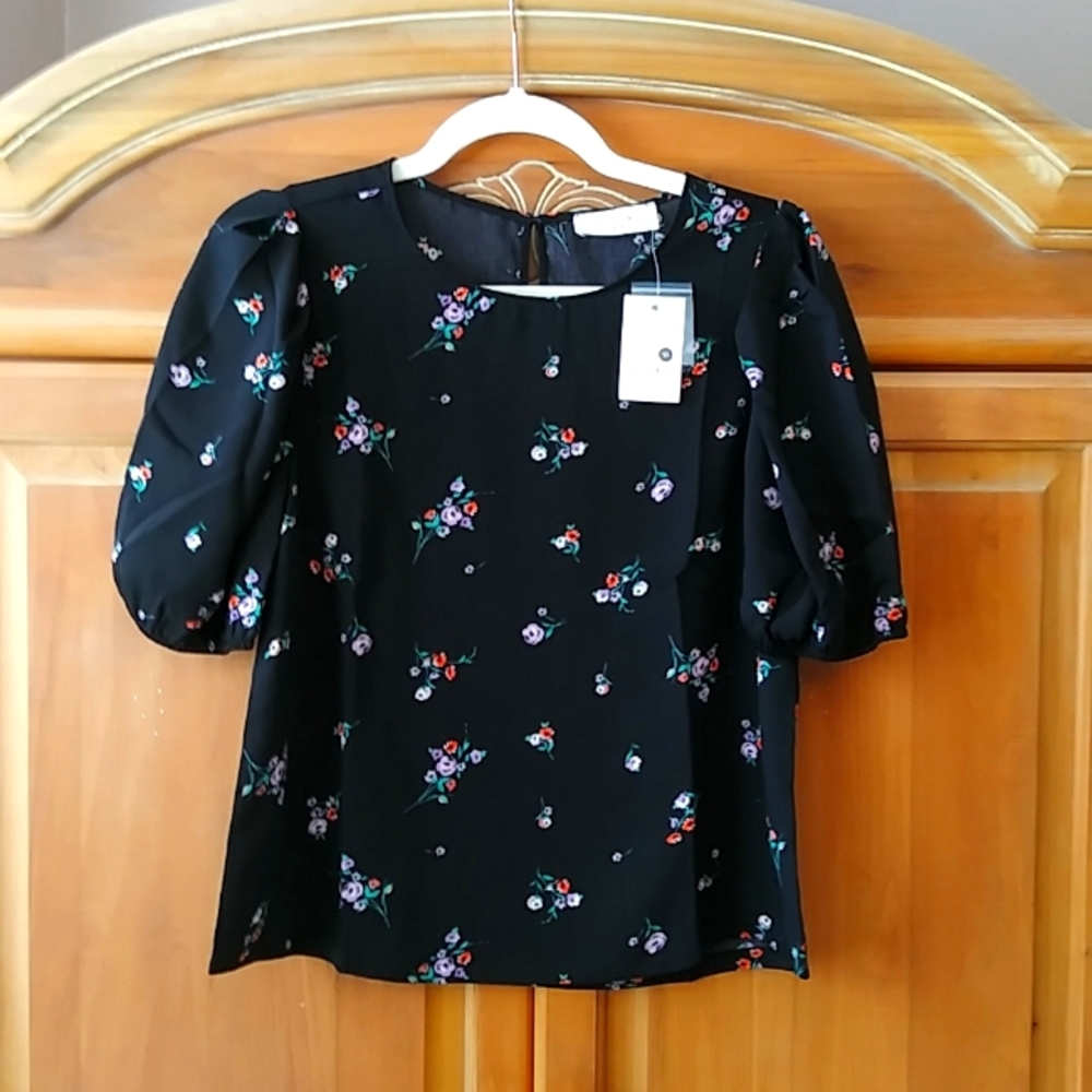 NWT Black Floral Blouse Top Crewneck Short Sleeve Womens XS by Elodie - Picture 2 of 6